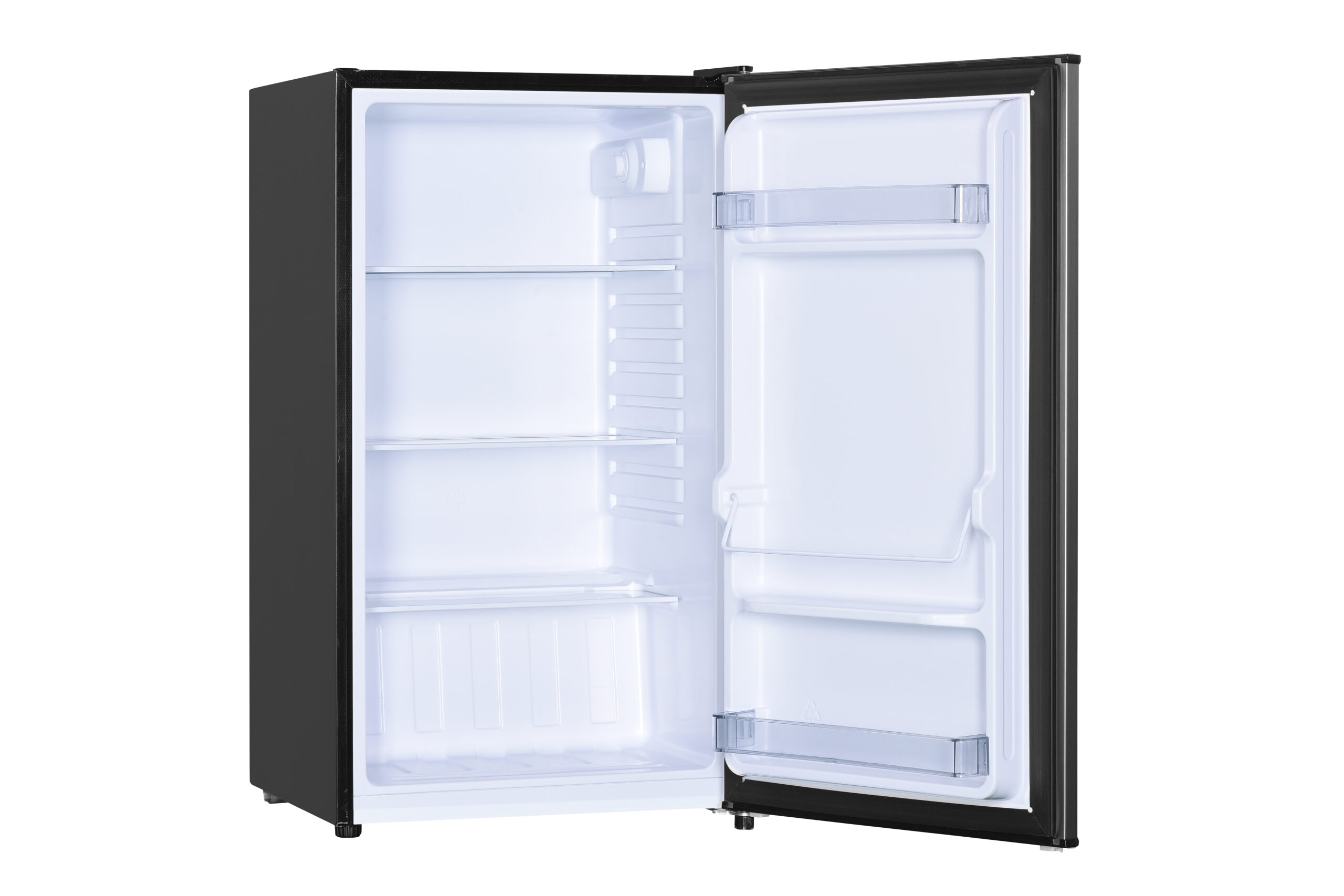 Danby appliances 3.2 cu ft compact fridge stainless DAR032B2SLM open front view showing empty interior compartment with glass shelves and door storage